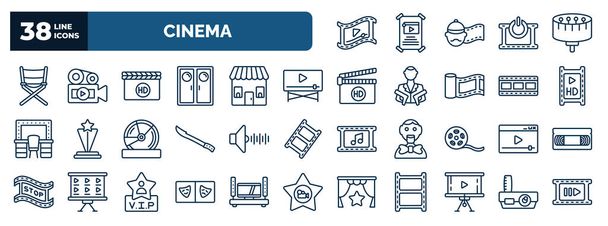 set of cinema web icons in outline style. thin line icons such as video clip, film director, movie film, movie player, hd movie, sound effect, online prompt box, projector screen, , slide projector - Vector, Imagen