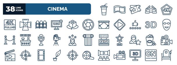 set of cinema web icons in outline style. thin line icons such as take away drink, 4k fullhd, theatre seats, camera lens, smile mask, actress, popcorn bag, author, 3 dimension screen, , - Vector, Image