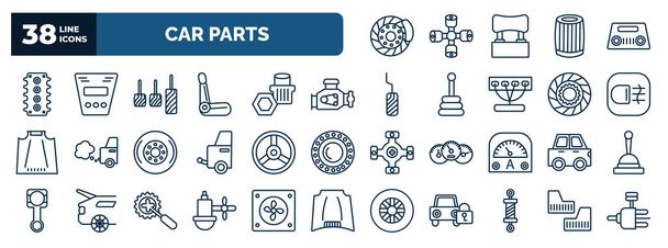 set of car parts web icons in outline style. thin line icons such as car disc brake, car cylinder head, accelerator, engine, fog lamp, horn, hard top, sump, coil, , mud flap vector. - Vector, imagen