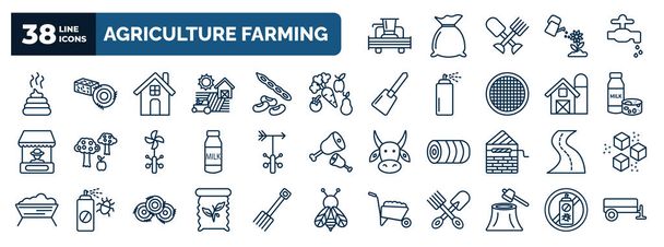 mezőgazdasági termelés web ikonok körvonalazott stílusban. vékonyvonalú ikonok, mint például a kombájn, trágya, parasztház, zöldségek, tejtermékek, időjárás-mérő, roak, vetőzsák, faaprítás,, peszticid - Vektor, kép