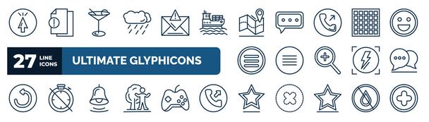 set of ultimate glyphicons web icons in outline style. thin line icons such as mouse up arrow, rain cloud, map locator, square grid, circle menu, message balloon, alarm bell, star point vector. - Вектор,изображение