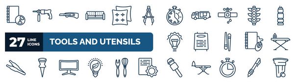 set of tools and utensils web icons in outline style. thin line icons such as book with cd rom, house, minute, semaphore light, daily specials board, iron table, screen in black, microphone voice - Vektor, Bild