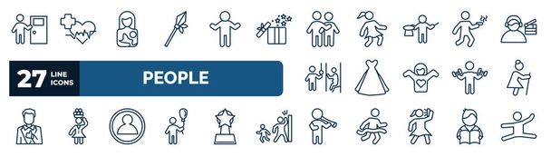 set of people web icons in outline style. thin line icons such as man knocking a door, lance, man hugging, man walking and smoking, bride dress, old lady walking, male users, playing a flute vector. - Vektor, kép