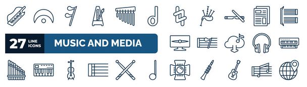 set of music and media web icons in outline style. thin line icons such as keytar, metronome, natural, newspaper report, eight note rest, organ, cello, music spotlight vector. - Vetor, Imagem
