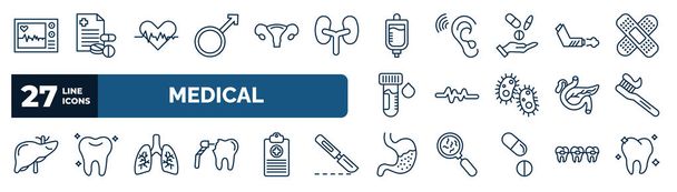 set of medical web icons in outline style. thin line icons such as ecg, male, iv, inhalator, lifeline, tooth brush, lungs, stoh vector. - Wektor, obraz