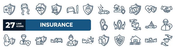 set of insurance web icons in outline style. thin line icons such as bank safe, retirement, hail on the car, heart insurance, funeral, robbery, house insurance, mortgage vector. - Vector, Image