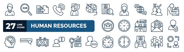 set of human resources web icons in outline style. thin line icons such as man, call, onboarding, selection process, 12 hours, hired, chess clock, timing vector. - Vector, Imagen