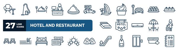 set of hotel and restaurant web icons in outline style. thin line icons such as lounge, receptionist, beach hotel, takoyaki, hotel, guest, double bed, or down vector. - Vettoriali, immagini