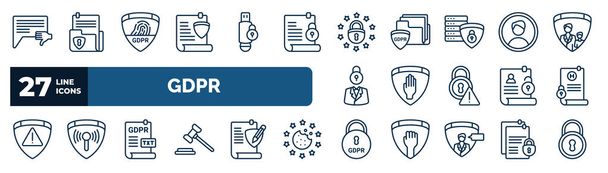 set of gdpr web icons in outline style. thin line icons such as complaint, plain, eu, account, right to objection, medical record, text file, keylock vector. - Vector, imagen