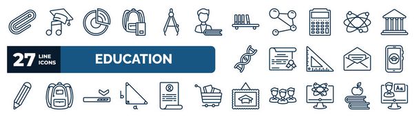 set of education web icons in outline style. thin line icons such as paperclip, bag of books, bookshelf with books, atomic orbitals, sealed diploma, smartphone app, window scrolling left, graduation - Διάνυσμα, εικόνα