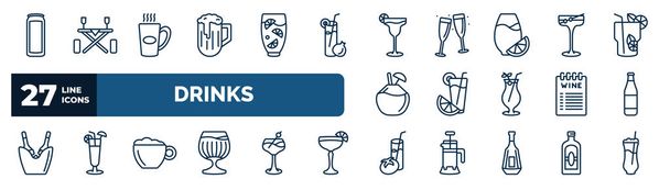 set of drinks web icons in outline style. thin line icons such as energy drink, pub, margarita, manhattan, greyhound drink, lime rickey drink, cappuccino, tomato juice vector. - ベクター画像
