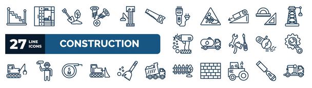 set of construction web icons in outline style. thin line icons such as stairs with handle, two screws, clippers, angle ruler, fuel truck, wrench and gear, five meters ruler, garden fence vector. - Vector, afbeelding