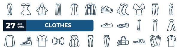 set of clothes web icons in outline style. thin line icons such as slit skirt, oxford wave suit pants, platform sandals, chi pants, leather shoes, long bandeau dress, henley shirt, pegged pants - Vector, afbeelding