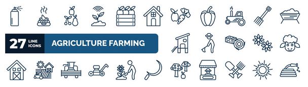 Tarım çiftçiliği ağ ikonlarının ana hatları. Püskürtücü, akıllı çiftlik, sebze, çiftçi çatalı, çapalama, koyun, hasat aracı, monokültür vektörü gibi ince çizgi simgeleri. - Vektör, Görsel