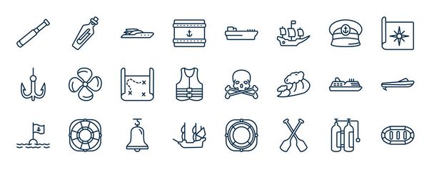 アウトラインスタイルでの航海用Webアイコンのセット。単眼鏡、海のパッケージ、船長の帽子、プロペラ、頭蓋骨と骨、屋根のないスピードボート、ボートベル、パドルベクトルなどの細い線のアイコン. - ベクター画像