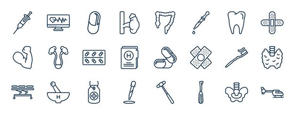 conjunto de ícones da web médica em estilo esboço. ícones de linha fina, como seringa com medicamento, glândula adrenal, dente molar, bexiga, cápsulas de medicamento, glândula tireóide, tag com uma cruz, ferramenta dentista - Vetor, Imagem