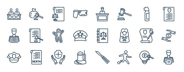 set of law and justice web icons in outline style. thin line icons such as jury, electroshock weapon, pepper spray, corporative law, law book, property and finance, qualified protection, escape - Vector, Image