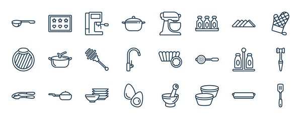 konyhai web ikonok körvonalazott stílusban. vékony vonalú ikonok, mint a gombóc, serpenyő, szalvéta, edény, penész, húspogácsa, edények, sodós csésze vektor. - Vektor, kép
