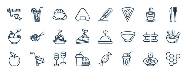 élelmiszer web ikonok körvonalazott stílusban. vékony vonal ikonok, mint a horgászzsinór, rizs labda hínárral, tea csésze japán, sushi étel, szállodai szolgáltatás, tál élelmiszer, edények, műanyag ivópohár - Vektor, kép