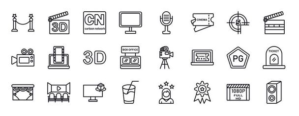 cinema editable line icons set. cinema thin line icons collection. cinema borders, 3d movie, , flat tv, movie microphone, tickets, movie countdown vector illustration. - Vector, Image