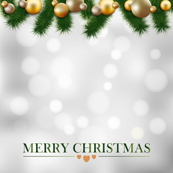 christmas greeting card, garland of fir twigs, gold balls - Vector, Image