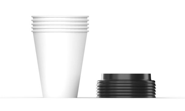 Упакованные бумажные чашки с пластиковыми сложенными пластиковыми крышками. Вид спереди. 3D визуализация для демонстрации продукции и макета. - Фото, изображение