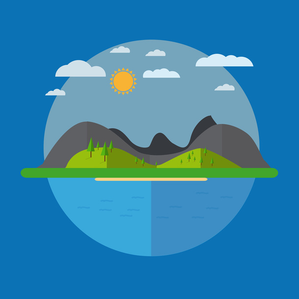 Flat Landscape Design In The Circle Layout With Clouds And Mountain - Vetor, Imagem
