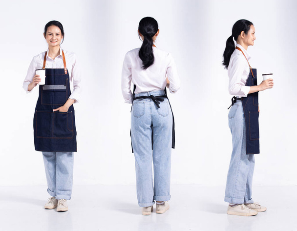 Full length 20s young Mix Race Barista shop restaurant Woman, 360 front side back rear view, wear apron coffee cup. Office female stands feels smile happy over white background isolated - Photo, Image