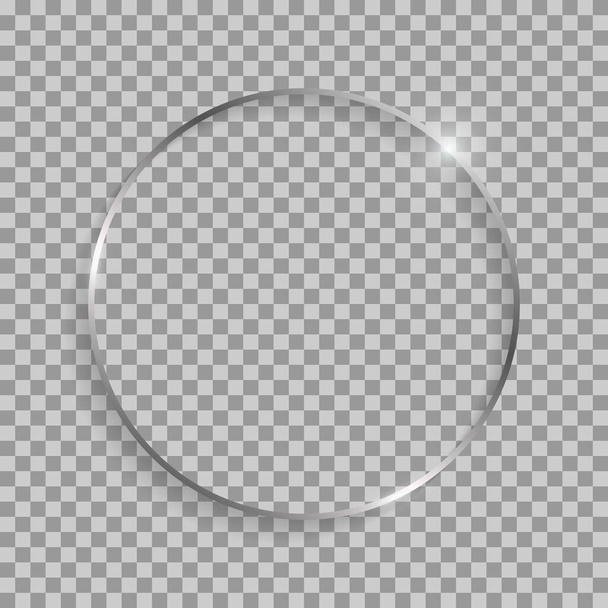 Серебряная рамка круга с тенями и бликами изолированы на прозрачном фоне. - Вектор,изображение