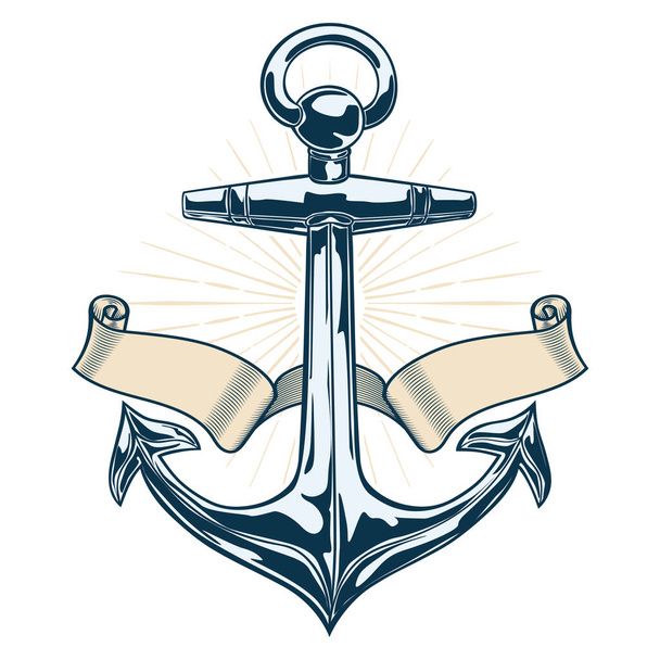 Decorative anchor and ribbon nautical emblem - Vektor, obrázek