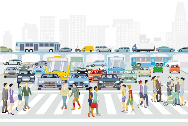 Городской силуэт с людьми на перекрестке и дорожном движении, иллюстрация - Вектор,изображение