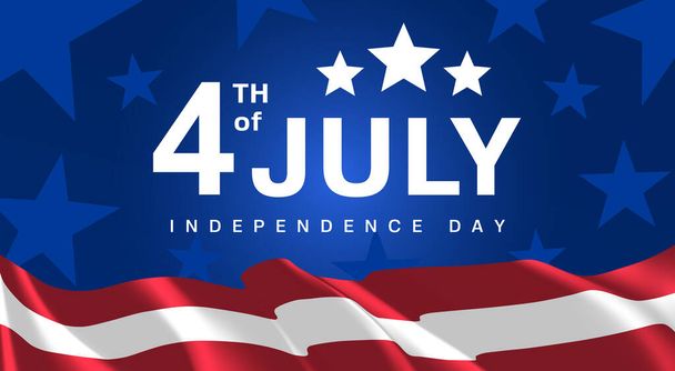 4th of July, Independence Day Banner. Waving USA flag on a blue background with stars. Usa national holiday celebration. Invitation template with text. Vector illustration - Wektor, obraz