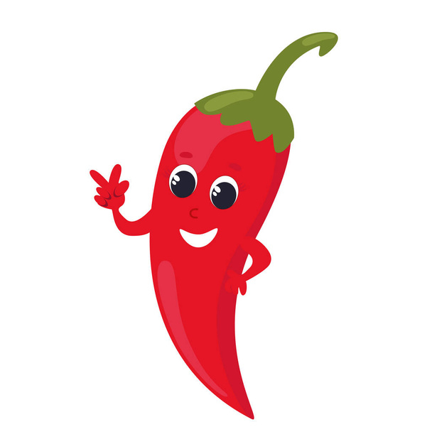 Hot pepper smiles. The vegetable has a face, eyes, hands and is happy. Character design in cartoon style isolated on white background for kitchen textile. - Vektor, Bild