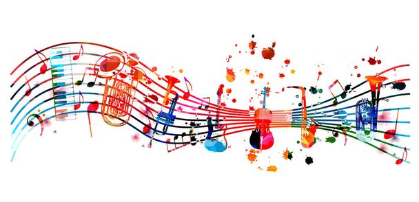 πολύχρωμες μουσικές νότες και όργανα, αφηρημένο κύμα σε λευκό φόντο - Διάνυσμα, εικόνα