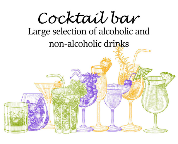  Векторный шаблон баннера холодных напитков в стиле гравировки. Графический линейный аперол, мохито, клубничное шампанское, ягодный коктейль, мартини, виски со льдом, вишневая маргарита, пина колада - Вектор,изображение