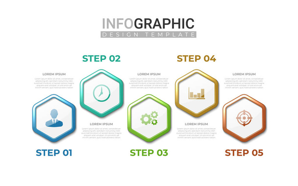 5段階で3次元現実的なインフォグラフィック。カラフルなグラデーション六角形の形状を持つプロのインフォグラフィック。アイコン付きビジネス情報ステップ - ベクター画像