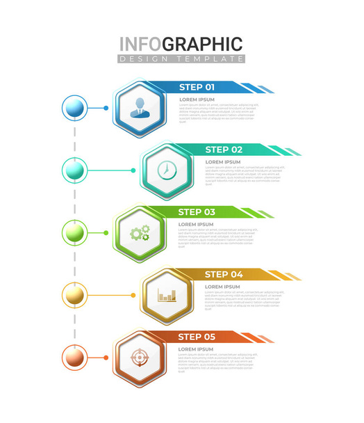 Etiqueta de infografía realista 3d en 5 pasos. Infografía horizontal con forma hexagonal degradada de colores. Pasos de información comercial con icono - Vector, imagen