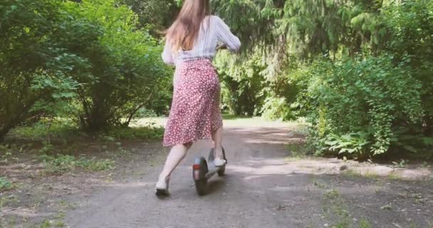 Γυναίκα με φόρεμα βόλτες σε ένα ηλεκτρικό σκούτερ κατά μήκος ενός μονοπατιού σε ένα πάρκο με πράσινα δέντρα. Οικολογική έννοια, πράσινη ενέργεια, όχημα. Πίσω όψη, μέρα, άνοιξη καλοκαίρι. Υψηλής ποιότητας 4k πλάνα - Πλάνα, βίντεο