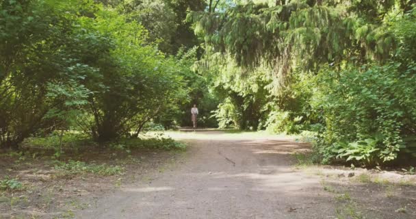 Vrouw in jurk rijdt naar de camera langs een pad in een park met groene bomen. Eco-reisconcept, groene energie, voertuig. Vooraanzicht, wijd beeld, overdag, lente zomer. Hoge kwaliteit 4k beeldmateriaal - Video