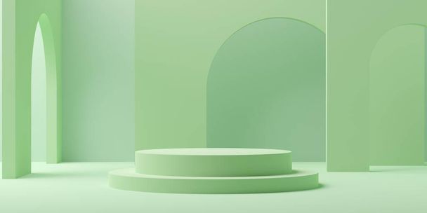 Pastel green empty, blank dais, podium or platform background with modern minimal elements in the back, product presentation template mock-up, 3D illustration - Zdjęcie, obraz