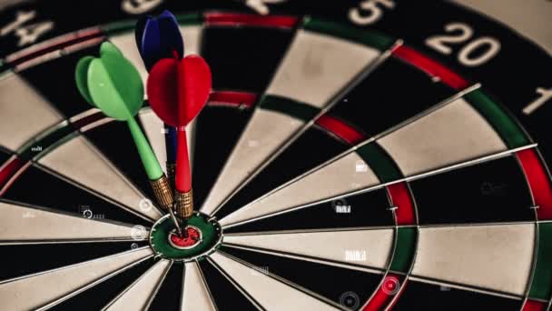 Conceptual of challenge in business marketing bullseye and intelligent customer reaching. The dart is the strategy or skill. The dartboard is the target or goal. - Footage, Video