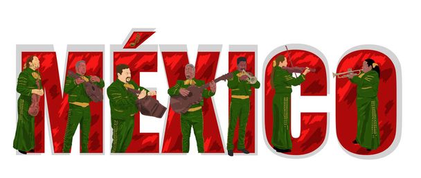letras vermelhas formando o nome do México com silhuetas de mariachis em ternos verdes - Foto, Imagem