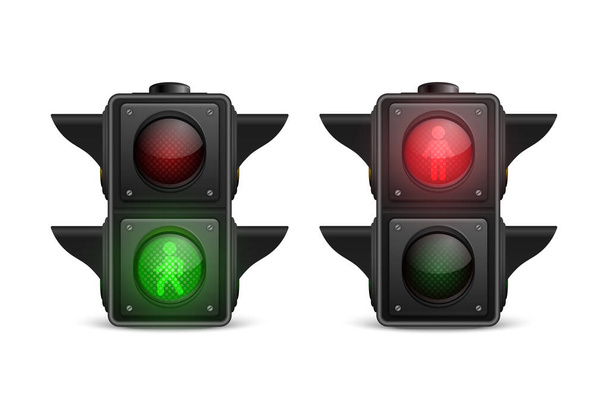 Vector 3d Realistic Detailed Road Traffic Lights Icon Set Isolated. Safety Rules Concept, Design Template. Stoplight, Turned On Traffic Lights with Red and Yellow Light. Pedestrian Traffic Light. - Vektor, obrázek