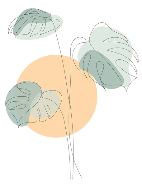 Jeden wiersz rysunek tropikalnych trzech liści potwór. Nowoczesna, jednoliniowa sztuka. Ilustracja wektora. Zielone i żółte kształty o różnych kształtach plamek - Wektor, obraz