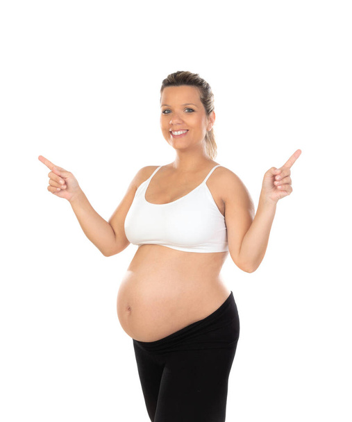 Вагітність. Щаслива вагітна жінка ізольована на білому тлі
 - Фото, зображення