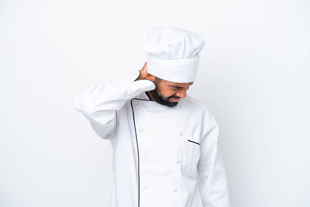 Young Brazilian chef man isolated on white background with neckache - Photo, Image