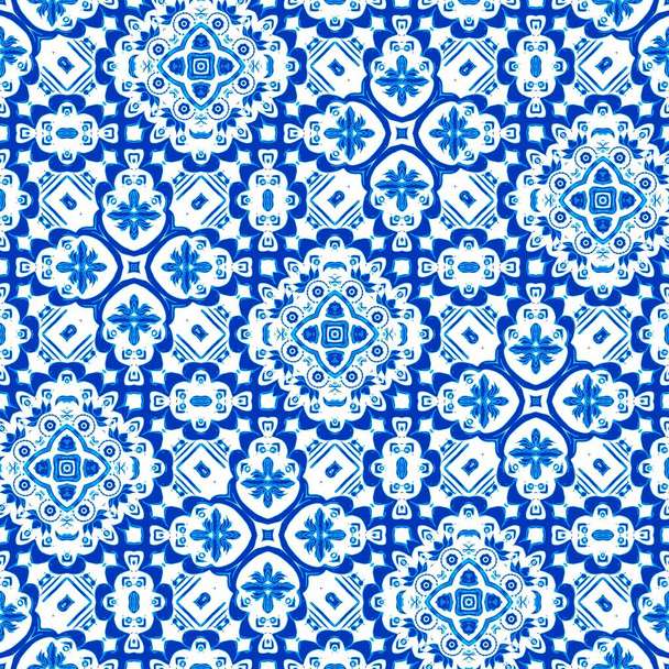  Seamless coastal geometric floral mosaic effect. Ornamental arabesque all over summer fashion damask repeat.Blue white watercolor azulejos tile background. - Fotoğraf, Görsel