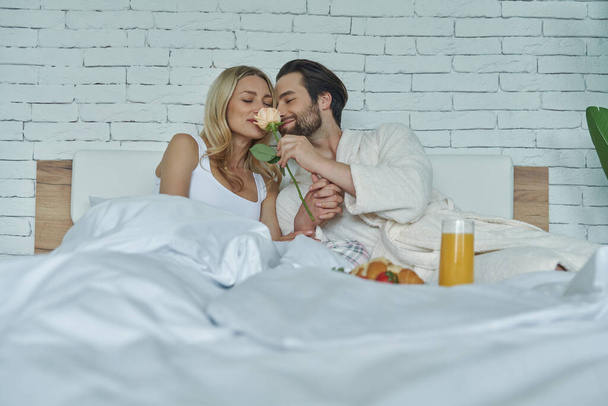Cute loving couple smelling rose while having breakfast in bed - Photo, Image