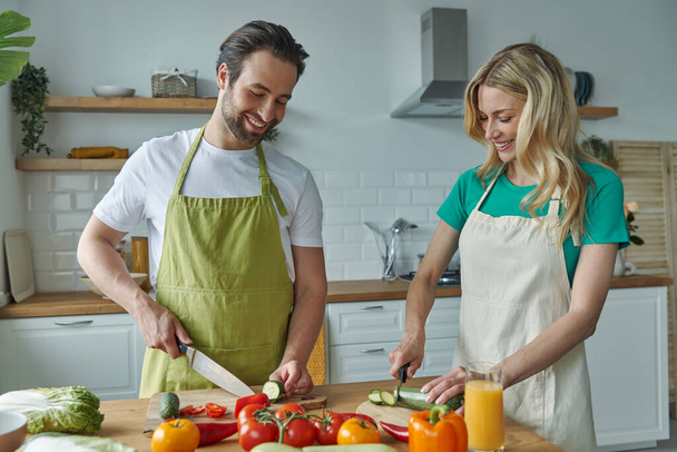 Cheerful young couple chopping vegetables at the domestic kitchen - Fotografie, Obrázek
