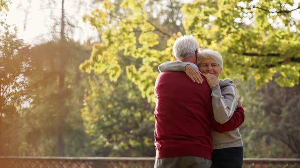 Senior people hug in park, husband is shot from the back medium shot copy space outside . High quality 4k footage - Footage, Video